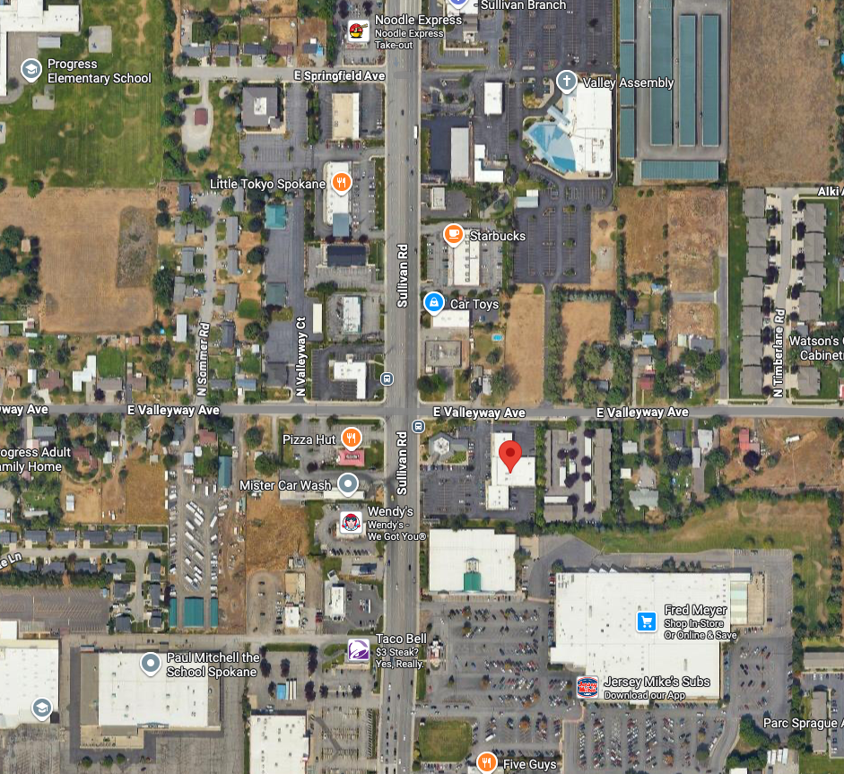 Map showing Auto Licensing Plus location at 328 N Sullivan Rd, Spokane Valley, WA